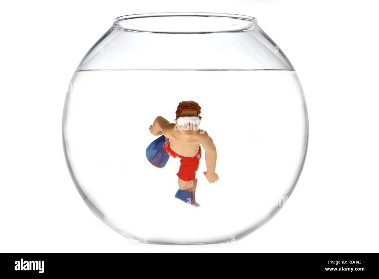 Toy boy swimming with diving goggles and flippers in a fish bowl, illustration Stock Photo
