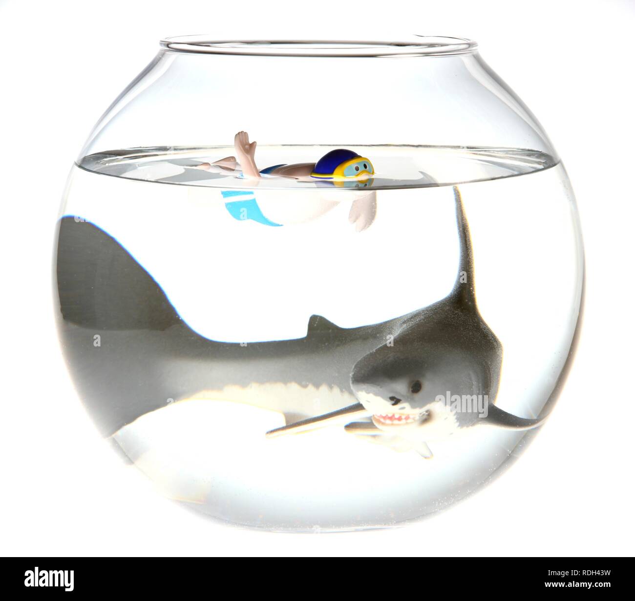 Wind-up toy figure of a boy swimming with a shark in a fish bowl, illustration Stock Photo