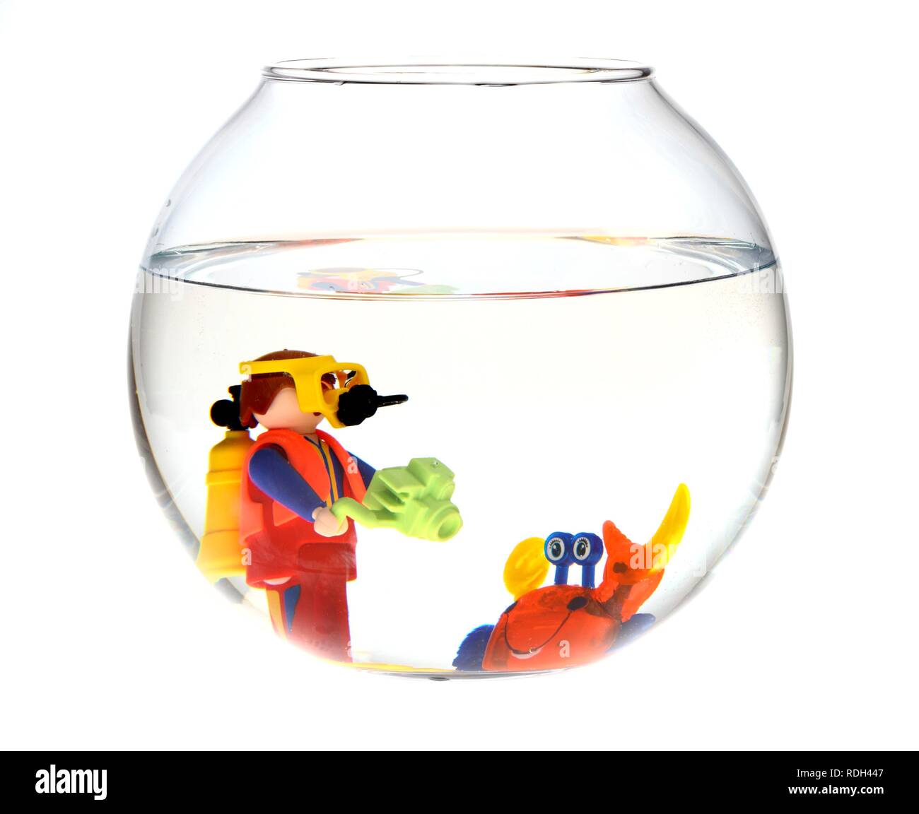 Toy scuba diver with an underwater camera and a crab in a fish bowl, illustration Stock Photo