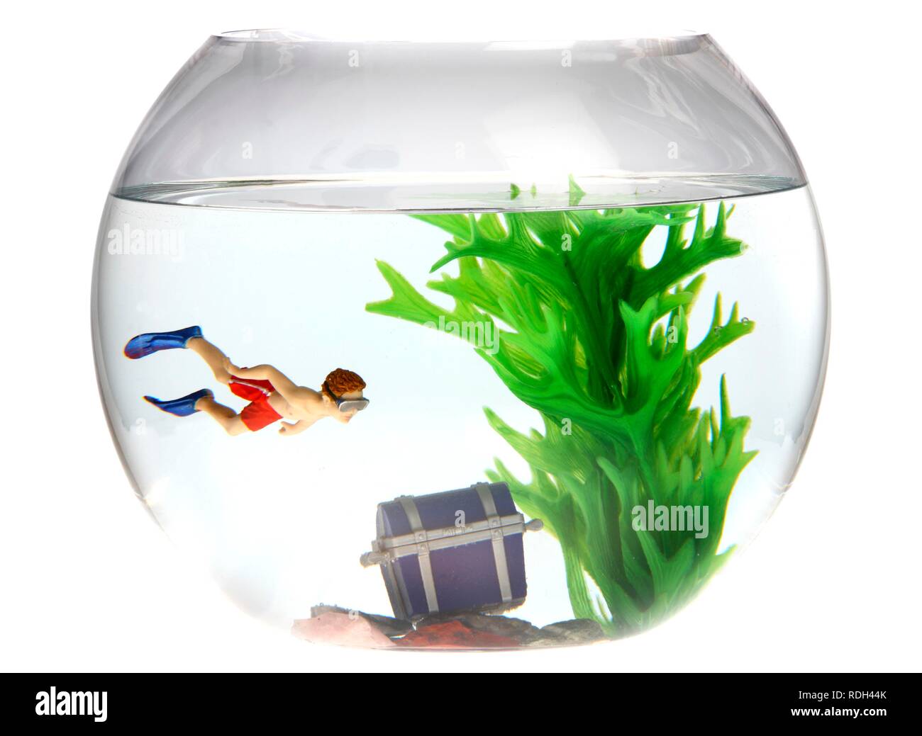 Toy diver with a treasure chest in a fish bowl, illustration Stock Photo