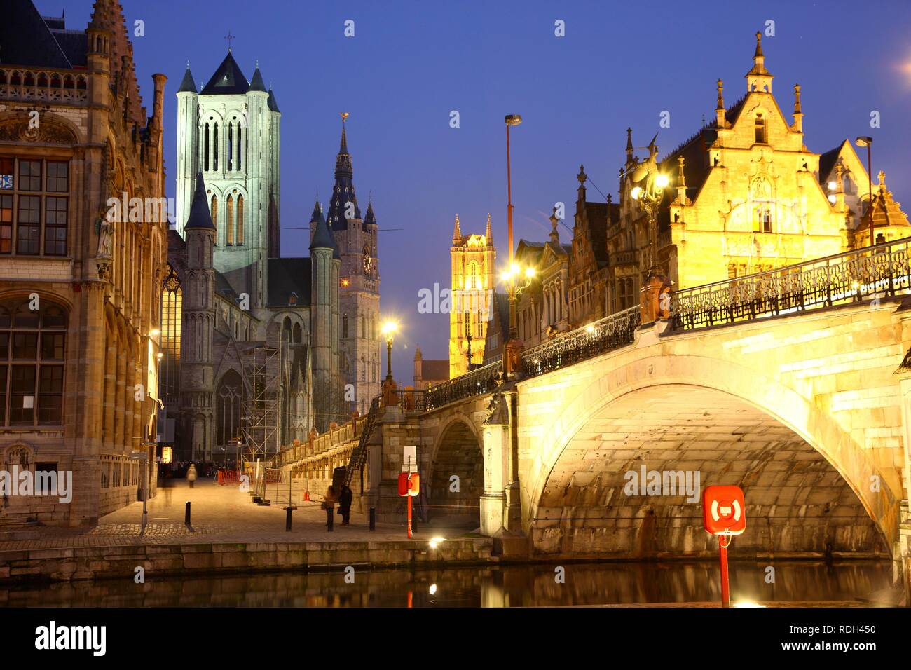 St. Michielsbrug bridge across the Leie River, view of the historic district with Saint Nicholas' Church, Sint-Niklaaskerk Stock Photo