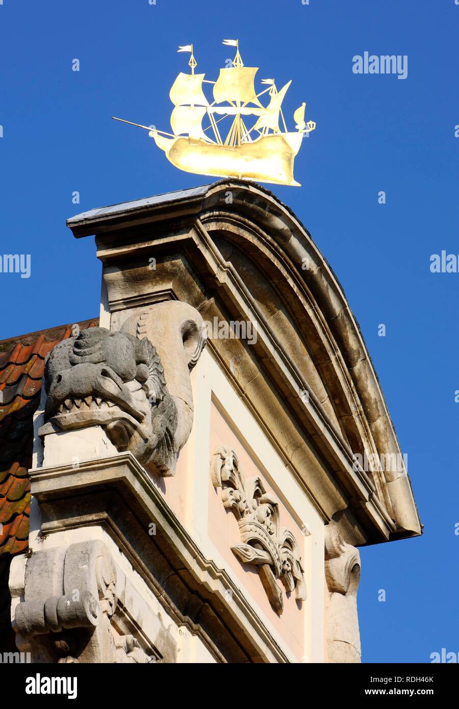 Golden sailing ship as a weathervane, old town, Ghent, East Flanders, Belgium, Europe Stock Photo