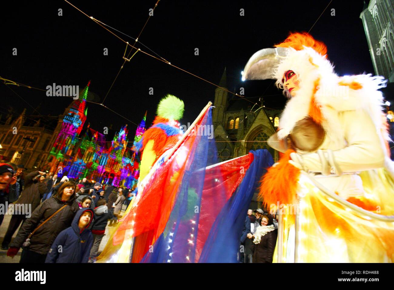 Moving projections on the Post Plaza building on Korenmarkt square, Ghent Light Festival, East Flanders, Belgium, Europe Stock Photo