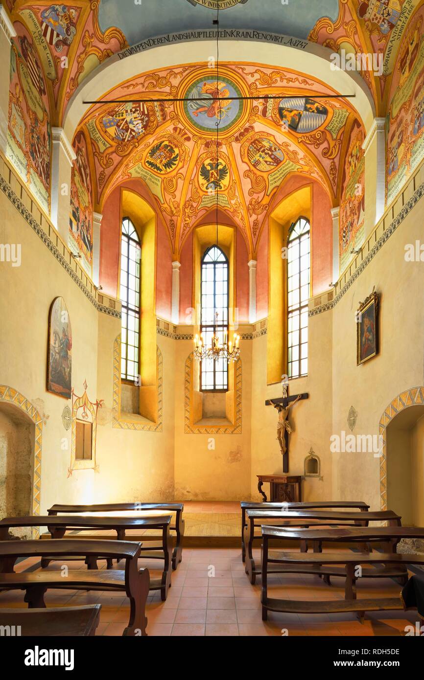 Interior view with wall paintings, Chapel of St. George, Castle, Ljubljana, Slovenia Stock Photo
