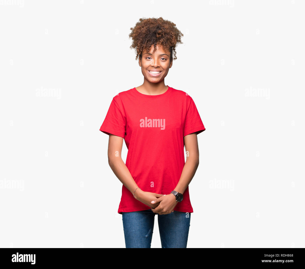 Beautiful young african american woman over isolated background Hands ...