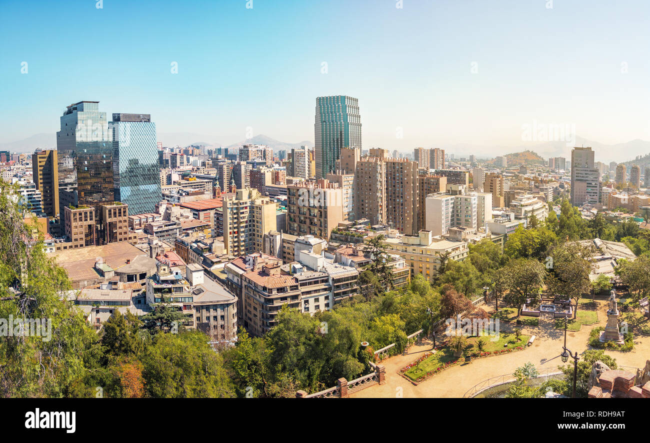 Aerial view of downtwon Santiago and Plaza Valdivia at Santa Lucia Hill - Santiago, Chile Stock Photo