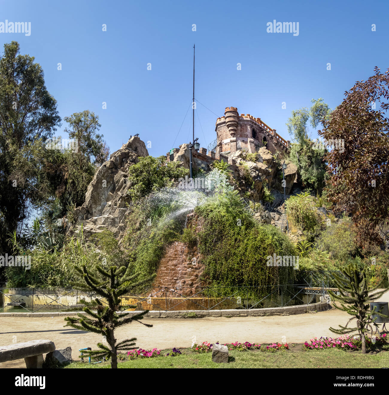 Viewpoint Tower and Fountain of Valdivia Square at Santa Lucia Hill - Santiago, Chile Stock Photo