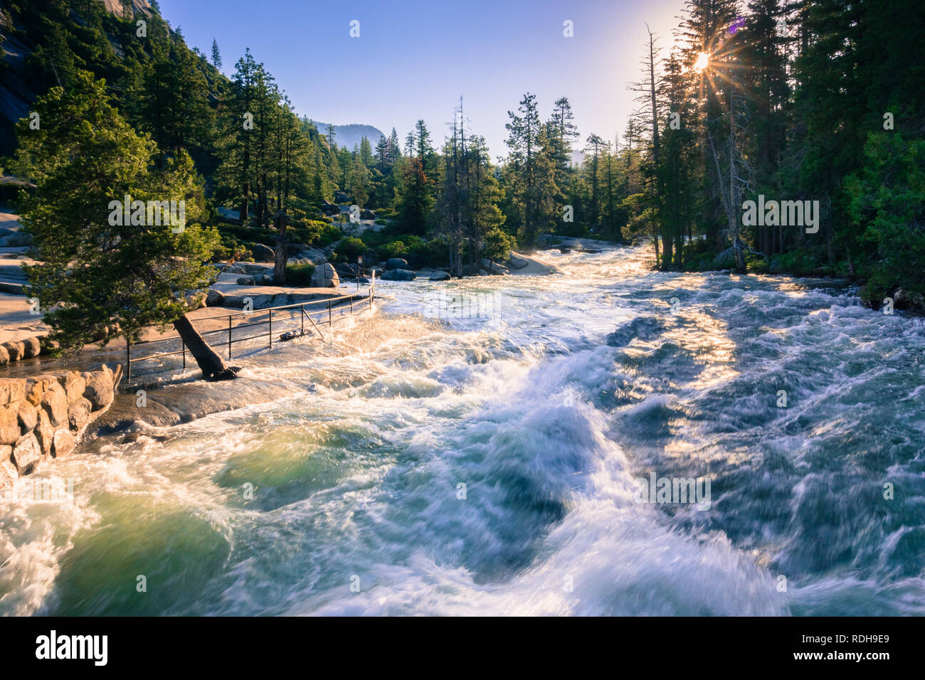 Merced River above Nevada Falls on a sunny summer morning, Yosemite National Park, California Stock Photo