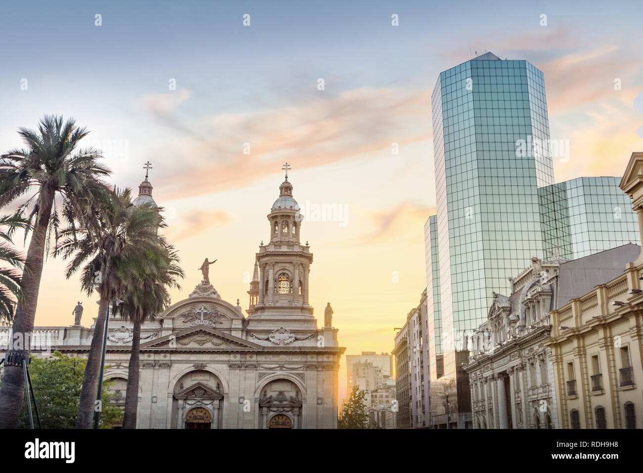 Plaza de Armas Square and Santiago Metropolitan Cathedral at sunset - Santiago, Chile Stock Photo