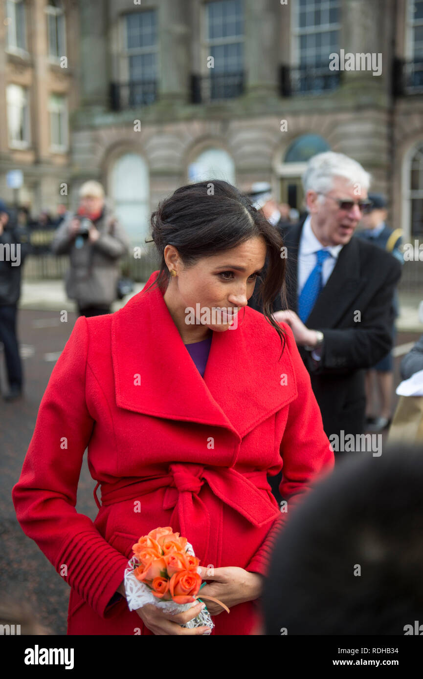 Birkenhead, UK. 14 January 2019. Prince Harry and Meghan Markle, the Duke and Duchess of Sussex, in Birkenhead for a number of public engagements. Stock Photo