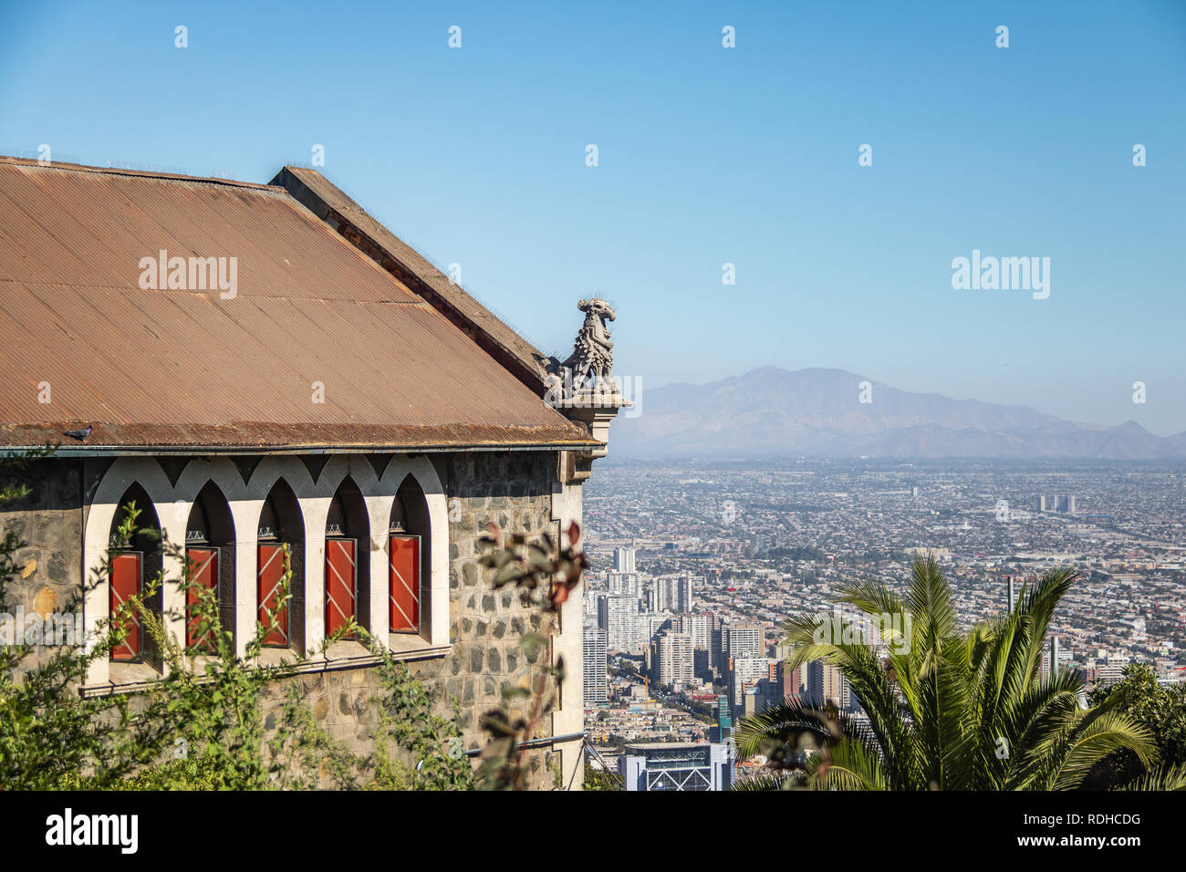 Funicular building of San Cristobal Hill and aerial view of Santiago City - Santiago, Chile Stock Photo