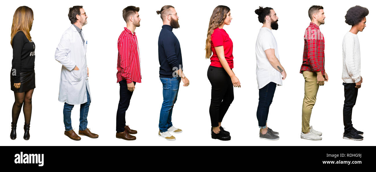 Collage of people over white isolated background looking to side, relax ...