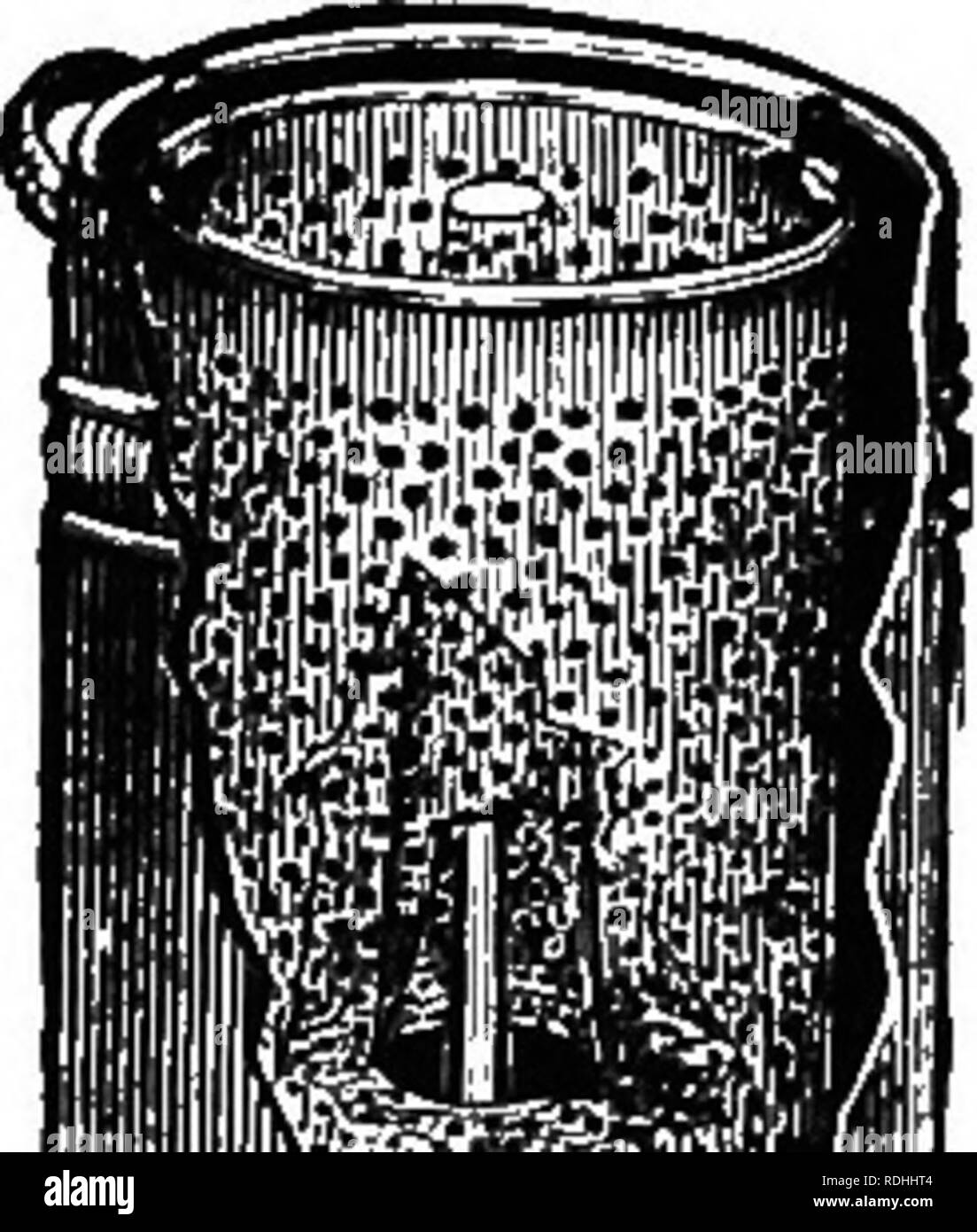 . The bee-keeper's guide; or, Manual of the apiary. Bees. Jones Wax-Extractor.—From D. A. Jones. dollars, are made of tin, are very convenient and admirable, and can be procured of any dealer in apiarian supplies. The comb is placed in the perforated vessel, and this in the larger can, which is set on a kettle of boiling water. The clean, pure wax passes out the spout. Mr. Jones has improved the common wax-extractor (Fig. 181). This is what he says of it: &quot; Put the extractor on the stove in the same manner as an ordinary pot, having beforehand filled the lower tank with water, and the per Stock Photo