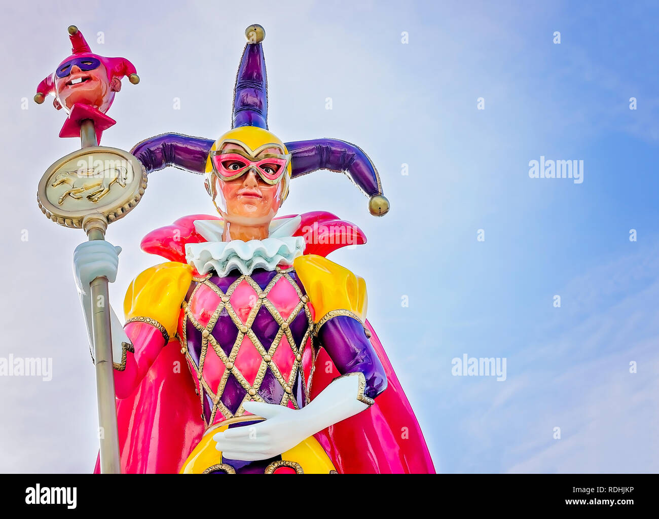 A Mardi Gras jester is commemorated with a statue at Mardi Gras Park in Mobile, Alabama. Stock Photo