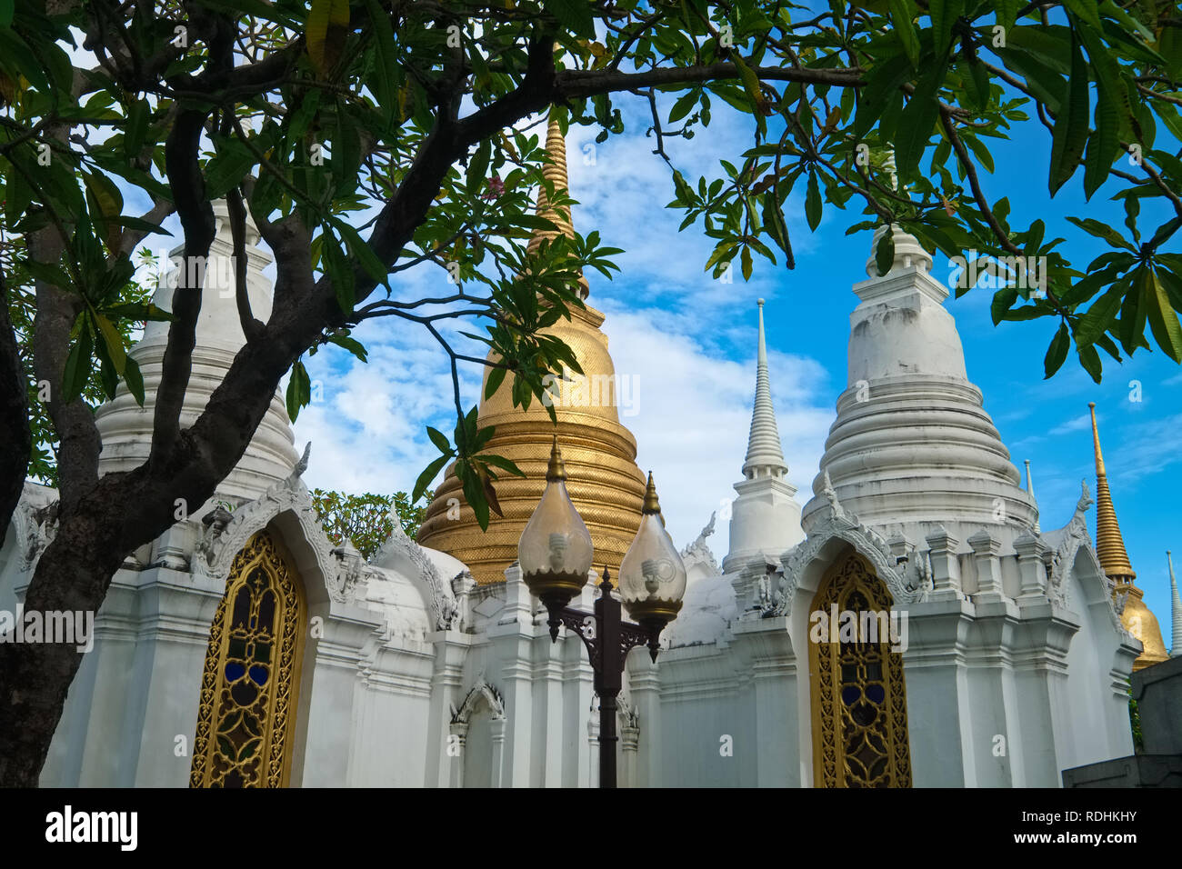 Chedis or stupas in the grounds of Wat Ratchabophit, some containing the mortal remains of Thai kings; Bangkok, Thailand Stock Photo