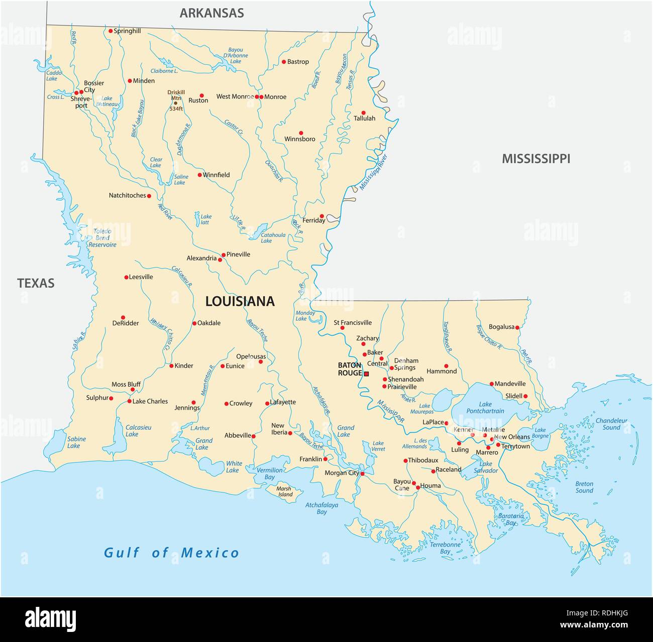 Vector Map of the U.S. state of Louisiana Stock Vector