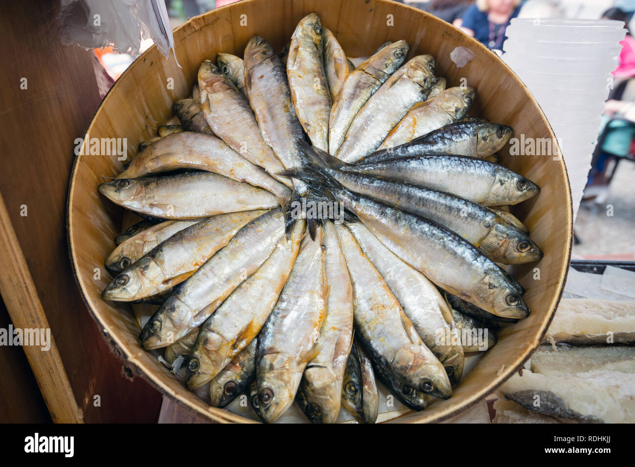 Salted herring fish at street market, Mallorca island, Spain Stock Photo