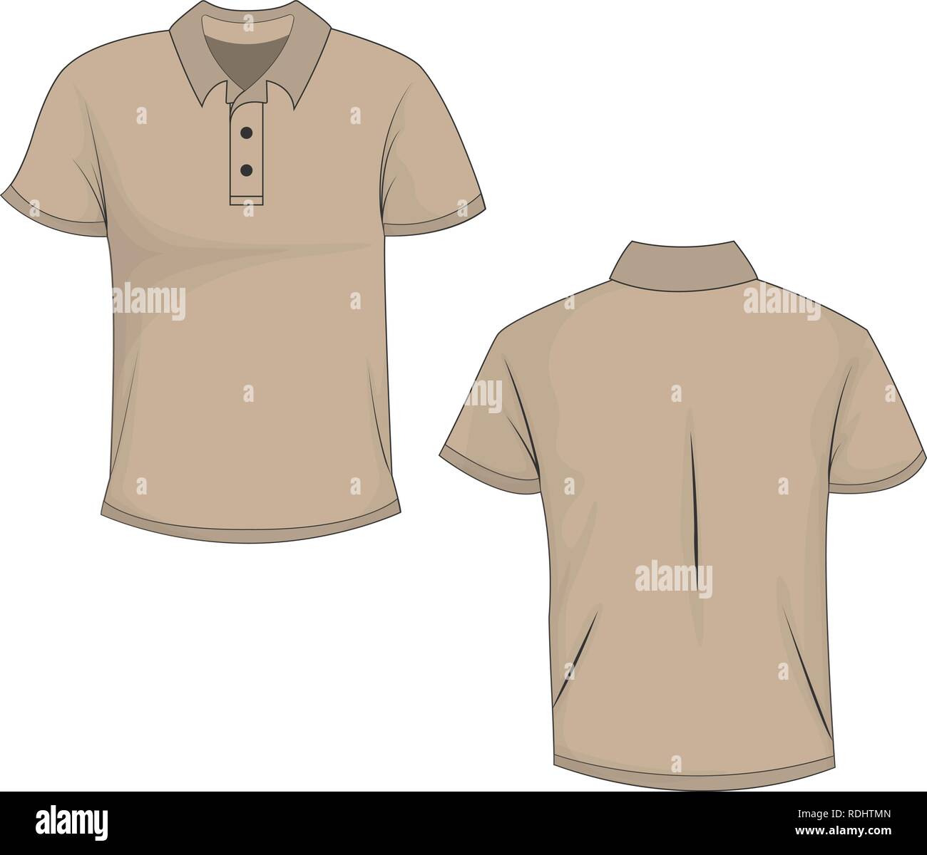 Front and back view of beige polo (t-shirt). Isolated on white background. Template and mockup of polo for print. Vector illustration, EPS10. Stock Vector