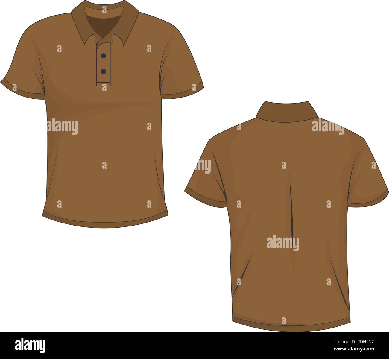 Front and back view of brown polo (t-shirt). Isolated on white background. Template and mockup of polo for print. Vector illustration, EPS10. Stock Vector