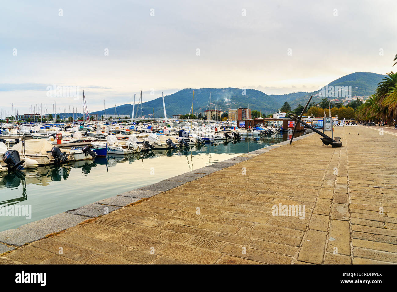 La Spezia, Italy - October 10, 2018: Promenade Costantino Morin, Coastline and harbor of La Spezia, Liguria Stock Photo