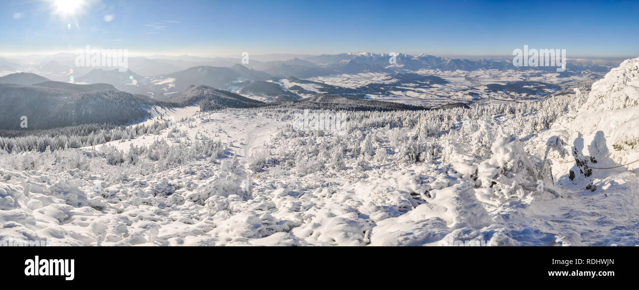 Beautiful panorama of winter landscape in mountains of Slovakia. Stock Photo