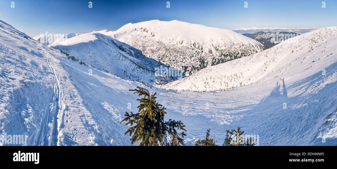 Snowy winter panorama in mountains of Slovakia on sunny day. Stock Photo