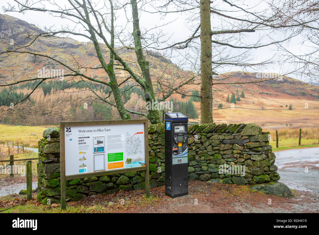Car park and parking meter at Blea Tarn in the Lake District,Cumbria,England Stock Photo