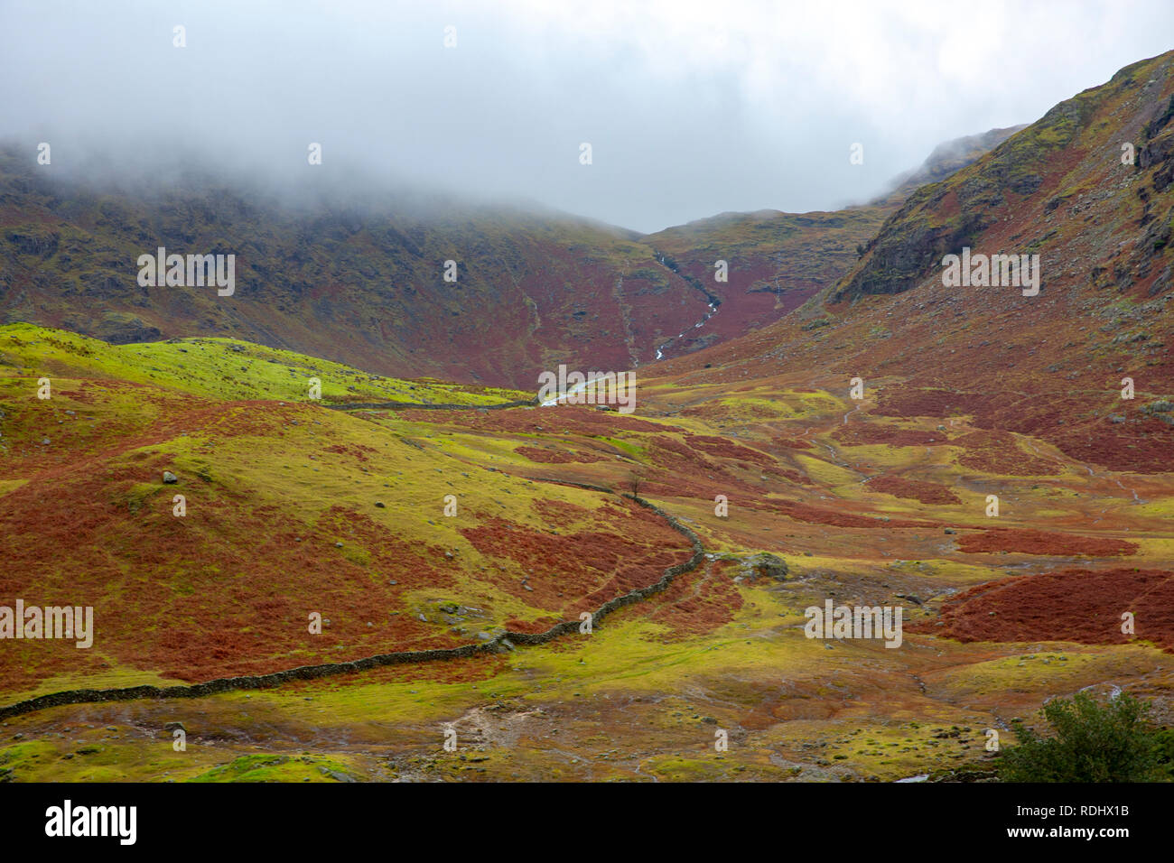 Little Langdale valley in the Lake District national park on a foggy winters day,Cumbria,England Stock Photo