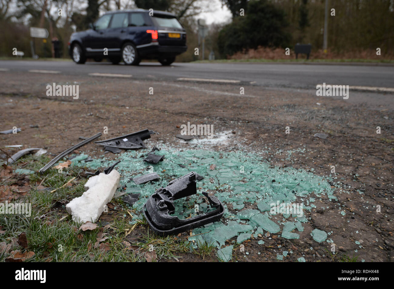 Broken glass and car parts on the side of the A149 near to the Sandringham  Estate where the Duke of Edinburgh was involved in a road accident  yesterday while driving Stock Photo -