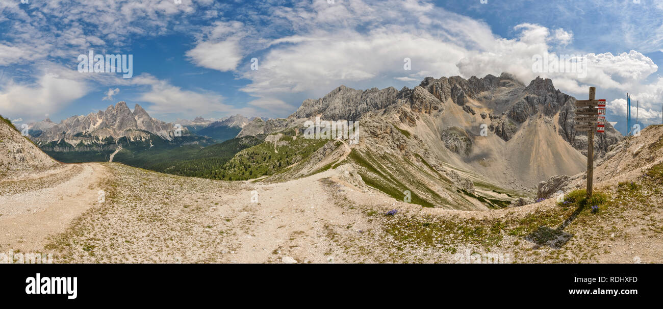 Beautiful panorama of italian Dolomites with its alpine peaks on summer sunny day. Stock Photo