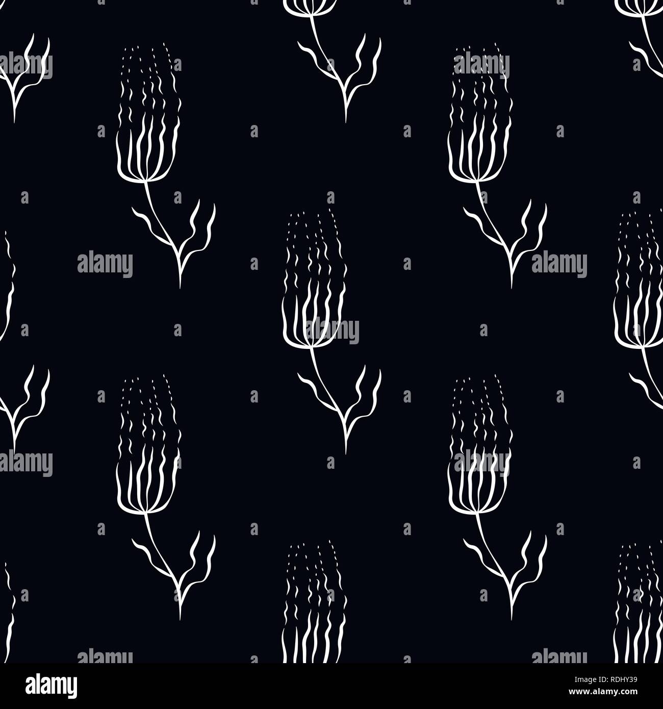 Abstract flowers with thin petals. Seamless pattern. White on black background Stock Vector