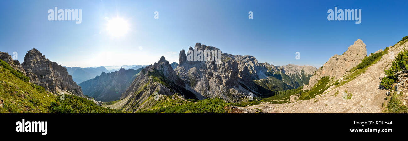 Panoramic scenery of Italian Dolomites on sunny summer day. Stock Photo