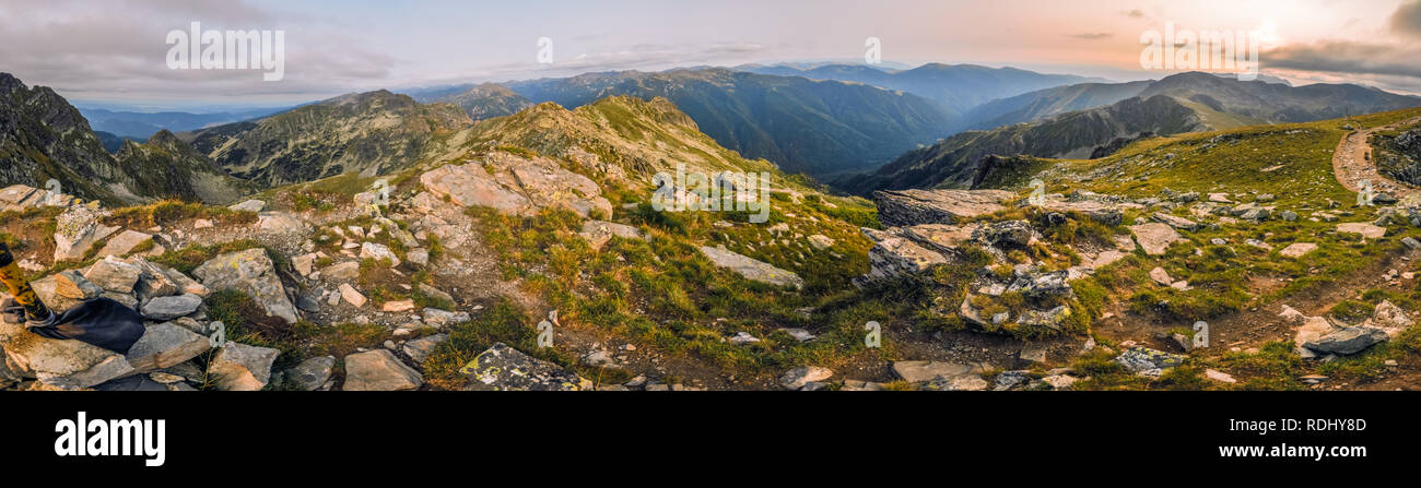 Beautiful panorama of an evening in Bulgarian mountains. Stock Photo