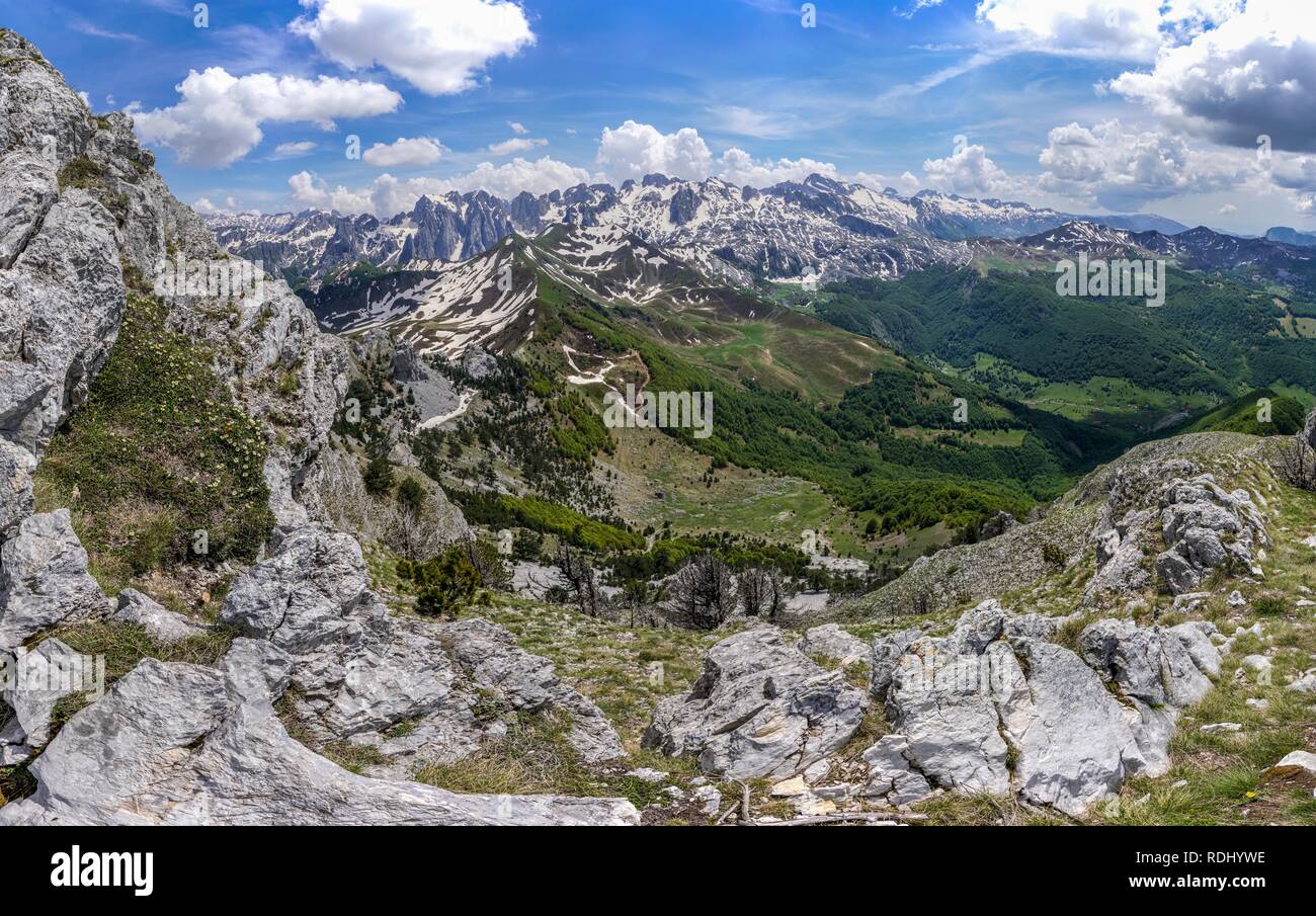 Scenic mountain peaks in Montenegro on sunny summer day. Stock Photo