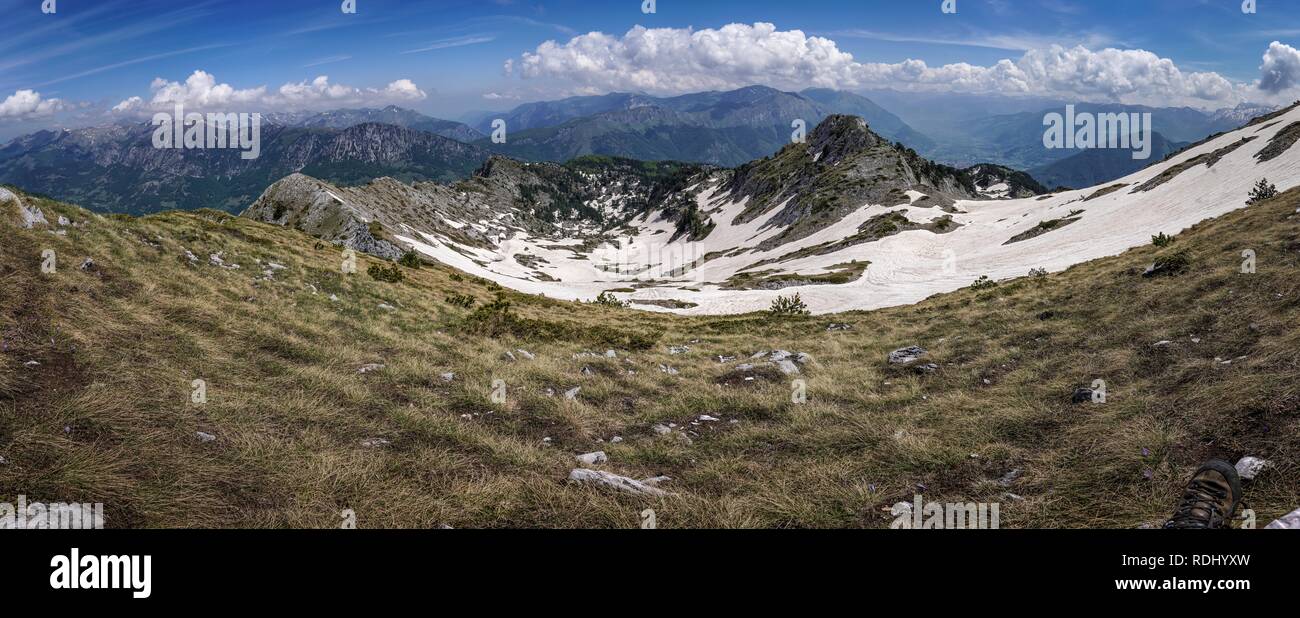 Panorama of mountain peaks in Montenegro on sunny summer day. Stock Photo