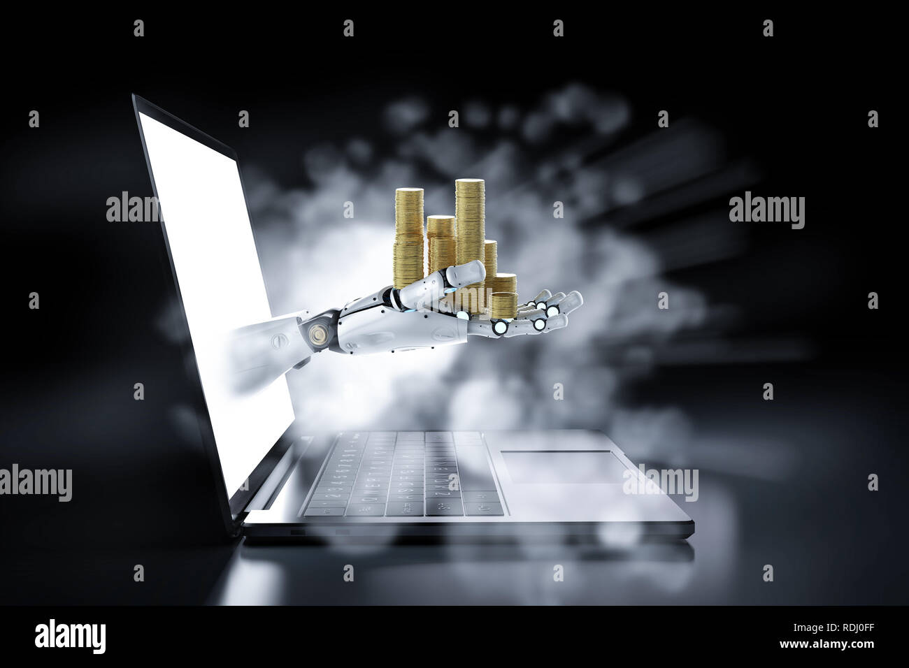 Financial technology concept with 3d rendering robot hold stack of ...