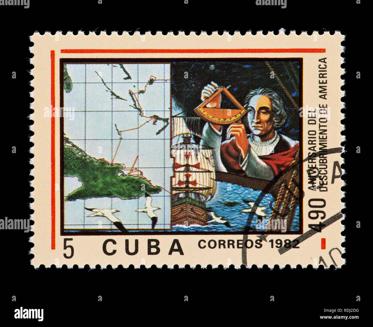 Postage stamp from Cuba depicting Christopher Columbus with a sextant, ship and map of the island of Cuba Stock Photo