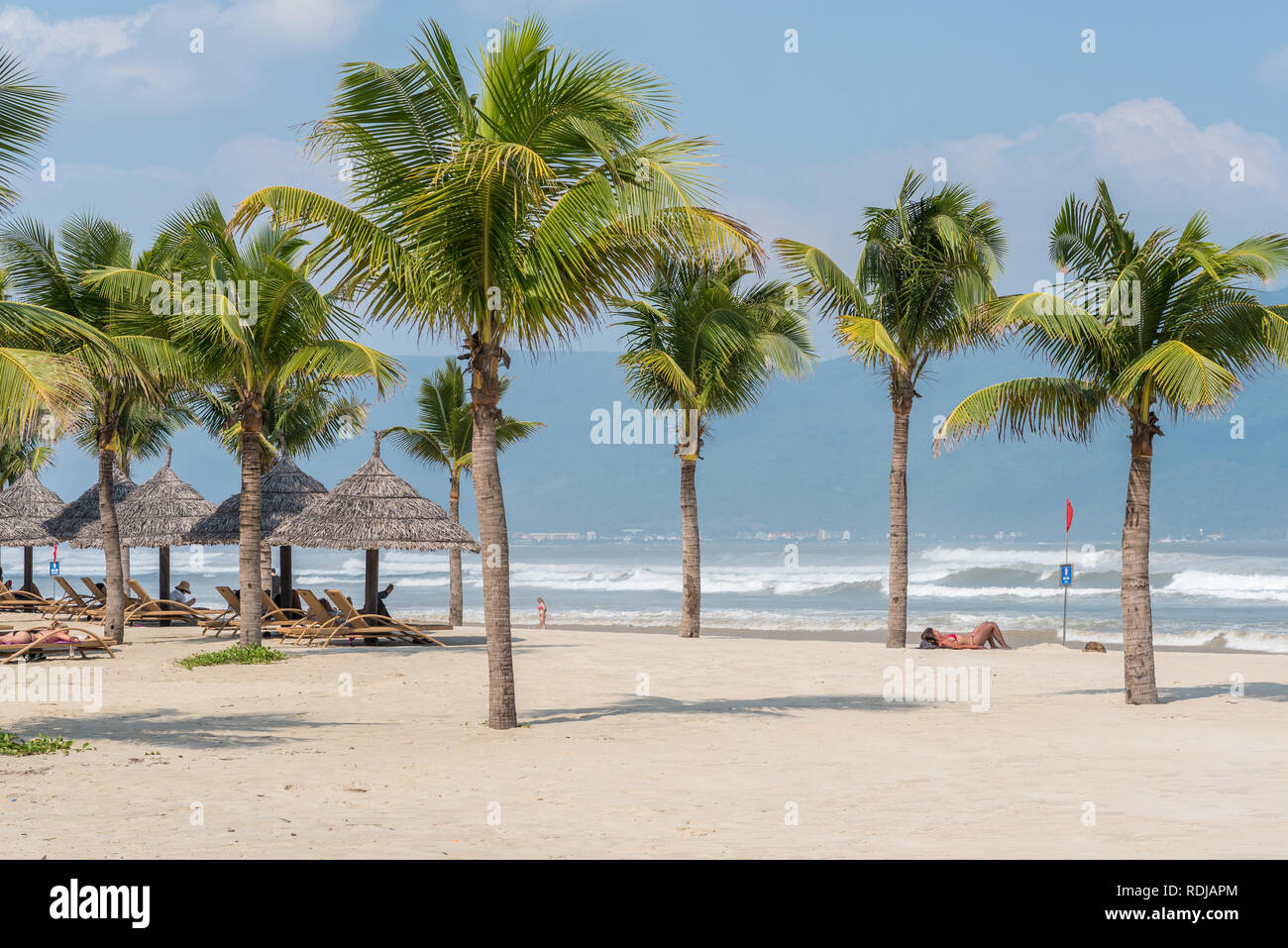 Danang, Vietnam - November 1, 2018: My Khe beach with several coconut trees, straw umbrellas and several sunbathing tourists. Stock Photo