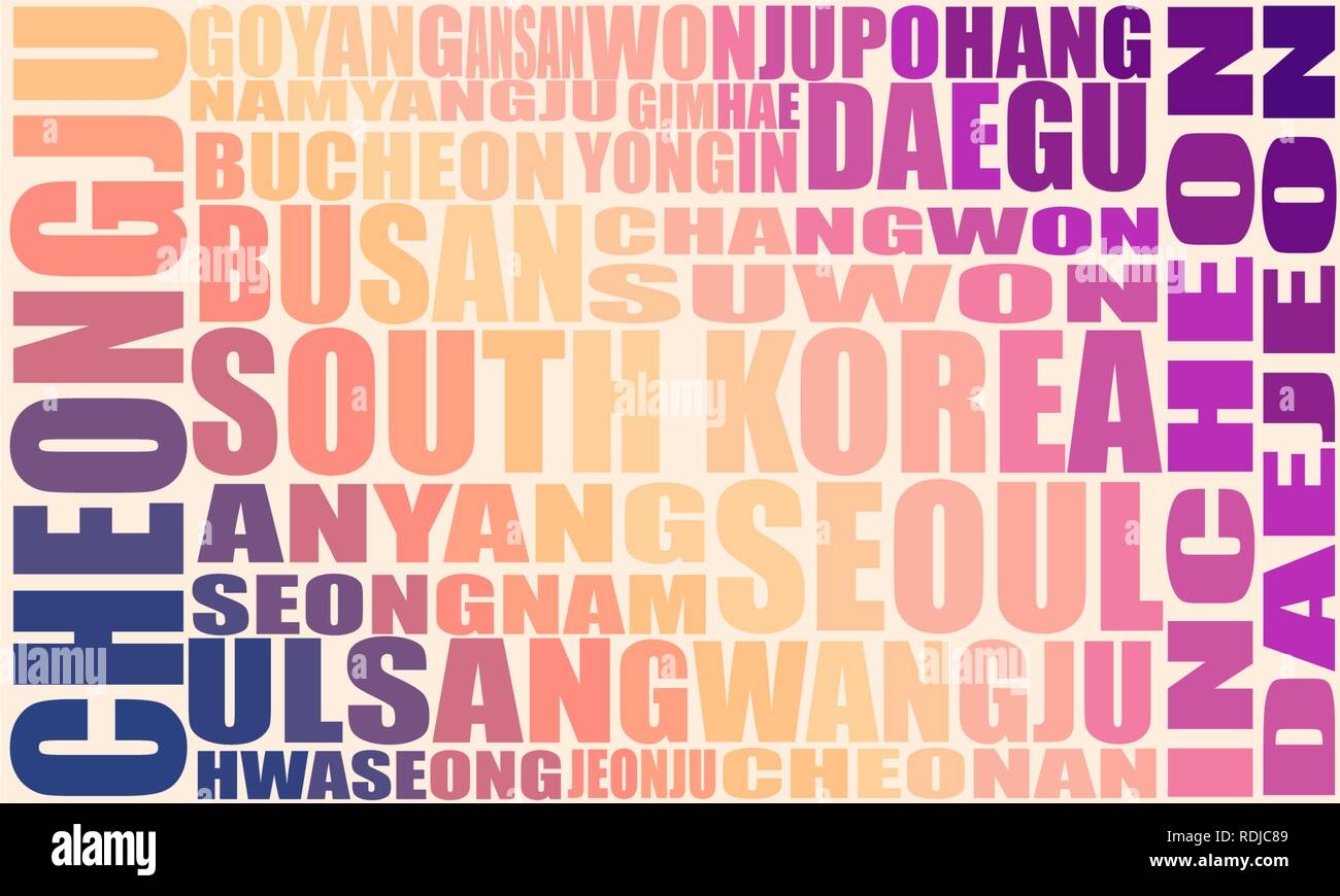List of cities and towns of South Korea. Stock Vector
