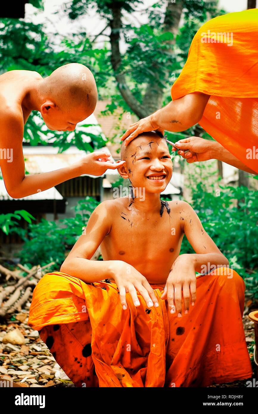 Luang Prabang / Laos - JUL 06 2011: young buddhist monks shaving each others head in preparation for a holy festival event Stock Photo