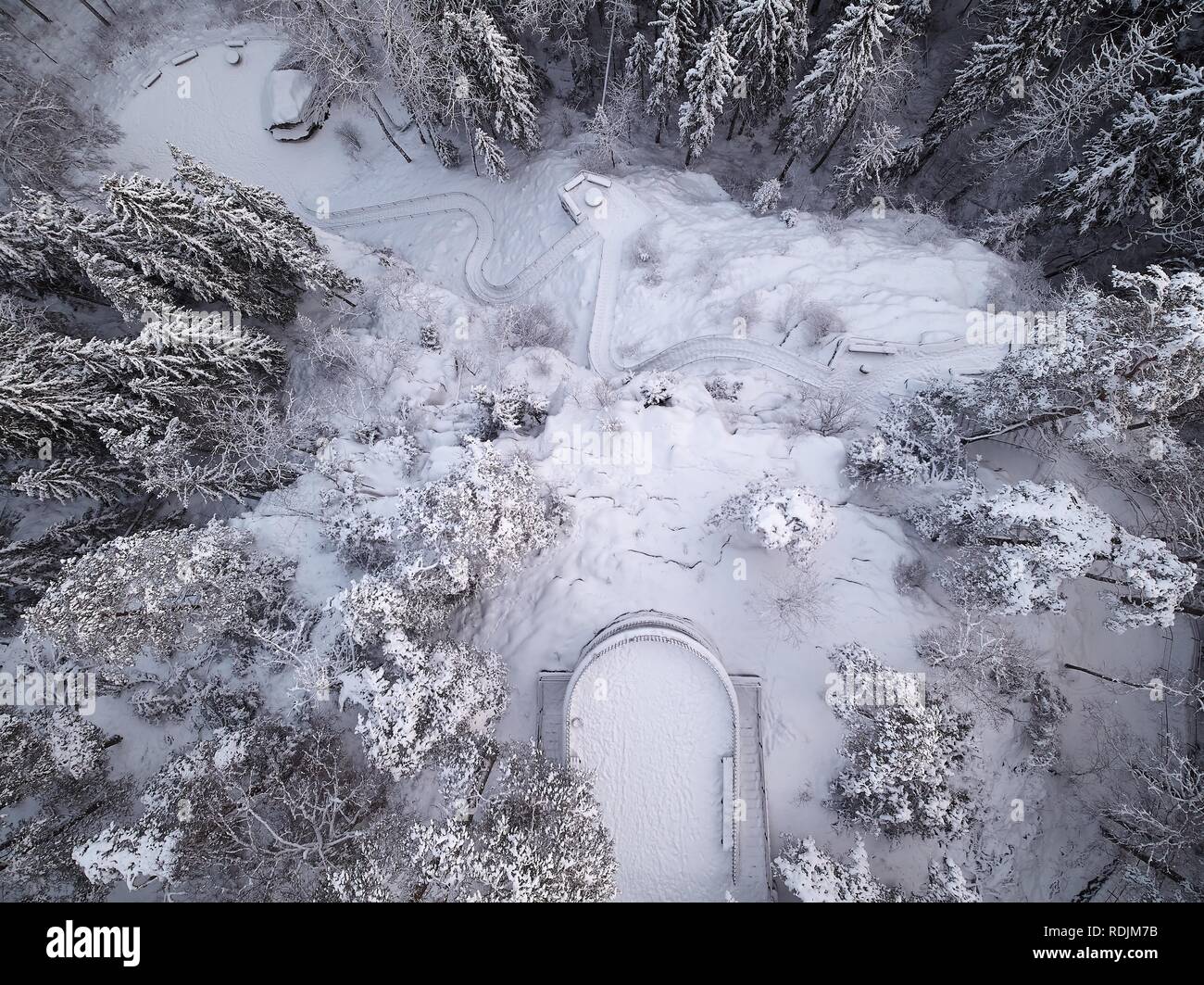 Icy outdoor stairway in Aulanko nature park in Hämeenlinna, Finland. Frozen trees in snowy landscape. Top down drone view. Stock Photo