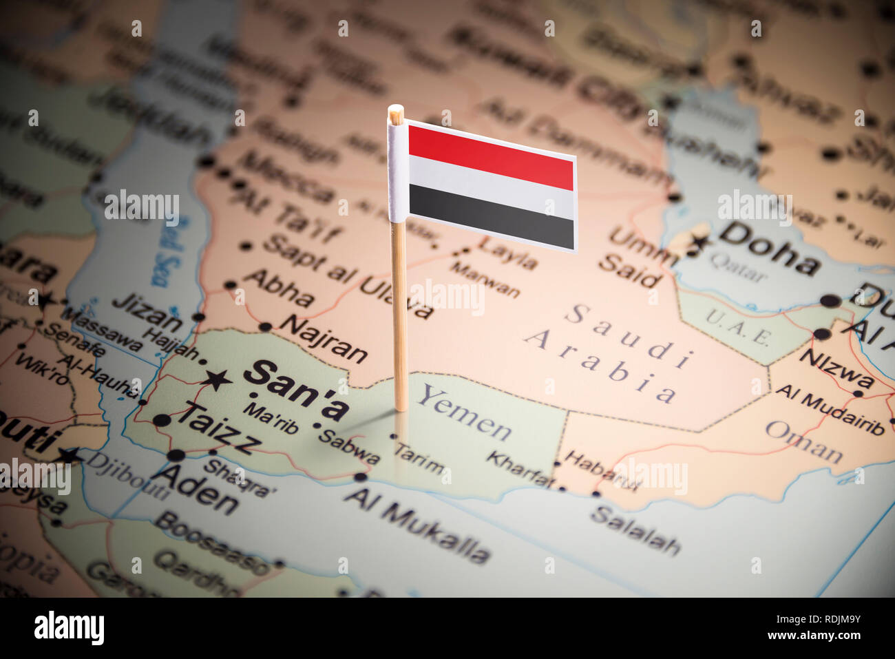 Yemeni marked with a flag on the map Stock Photo - Alamy