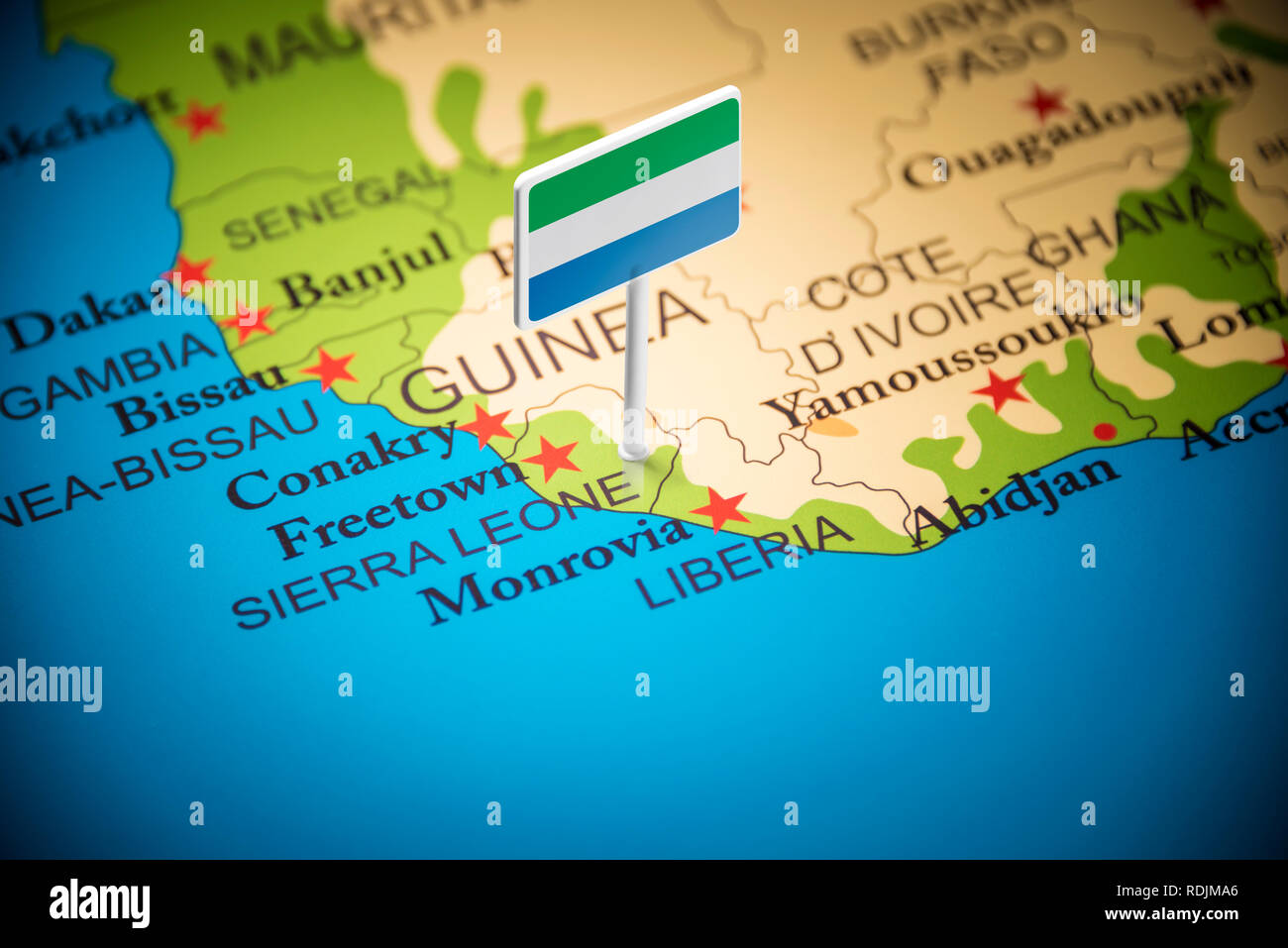 Sierra Leone marked with a flag on the map Stock Photo - Alamy