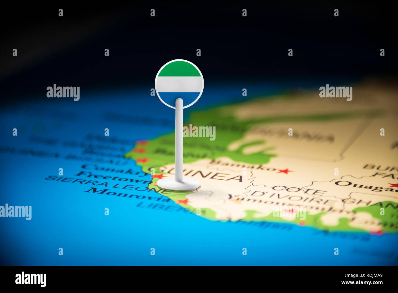 Sierra Leone marked with a flag on the map Stock Photo - Alamy