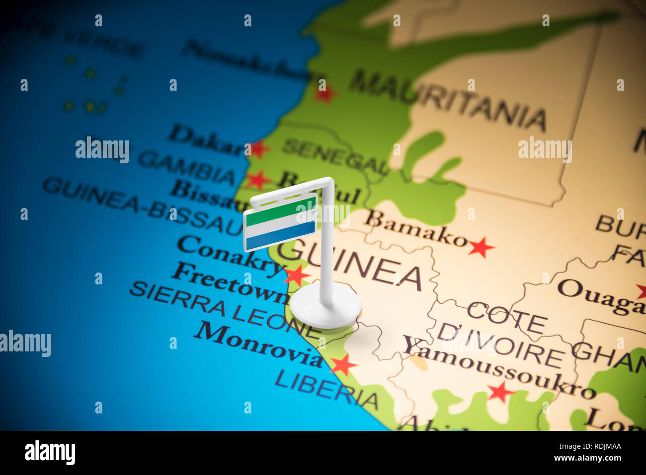 Sierra Leone marked with a flag on the map Stock Photo - Alamy