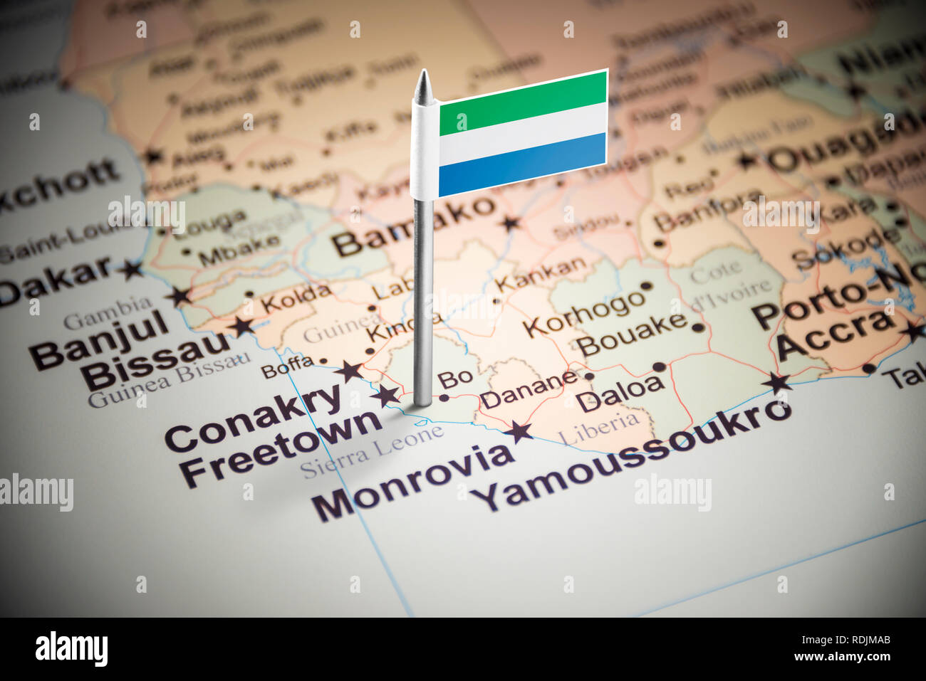 Sierra Leone marked with a flag on the map Stock Photo - Alamy