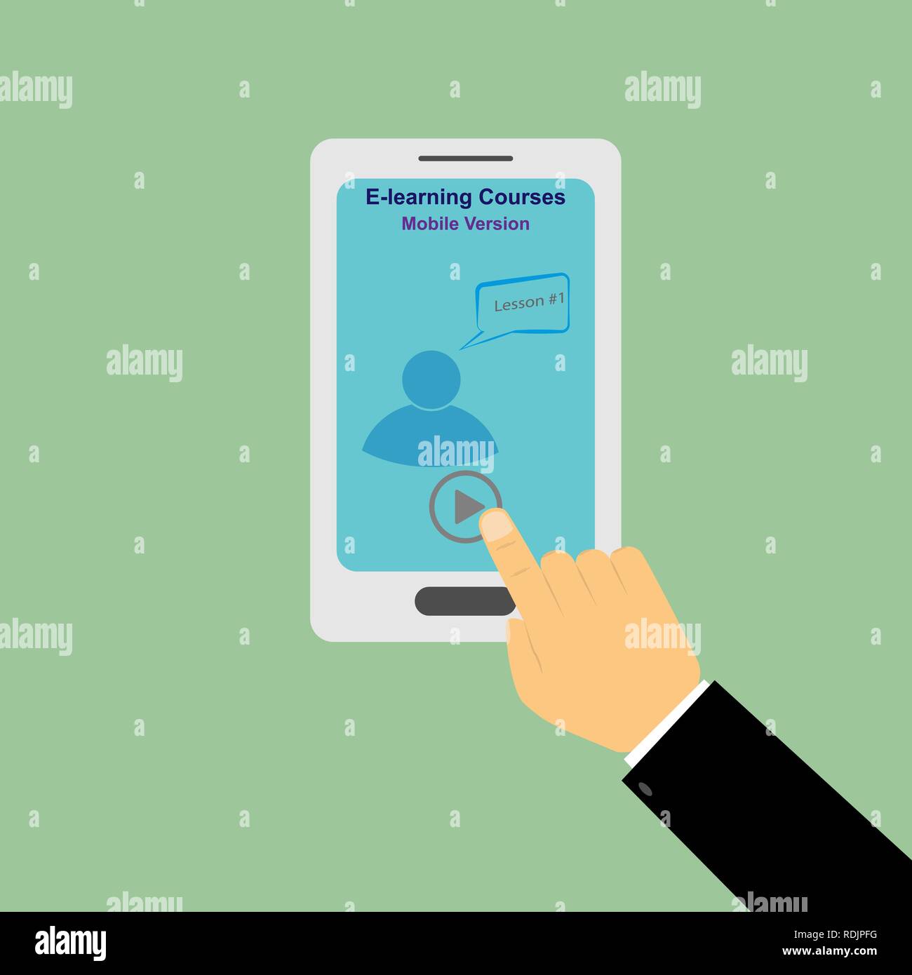 Male hand presses the start button of a video lesson with e-learning on ...