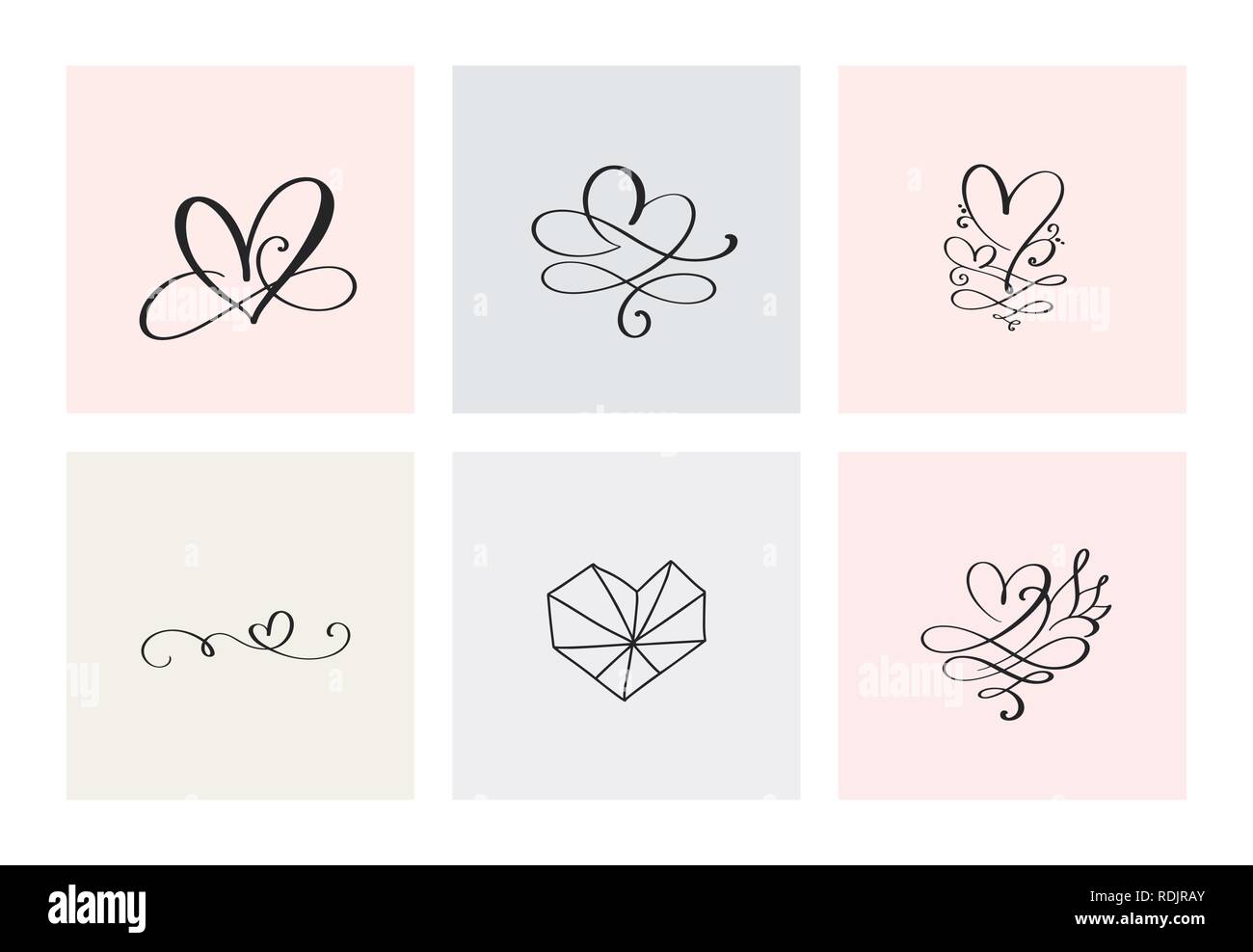 Set of six vintage Vector Valentines Day Hand Drawn Calligraphic Hearts ...