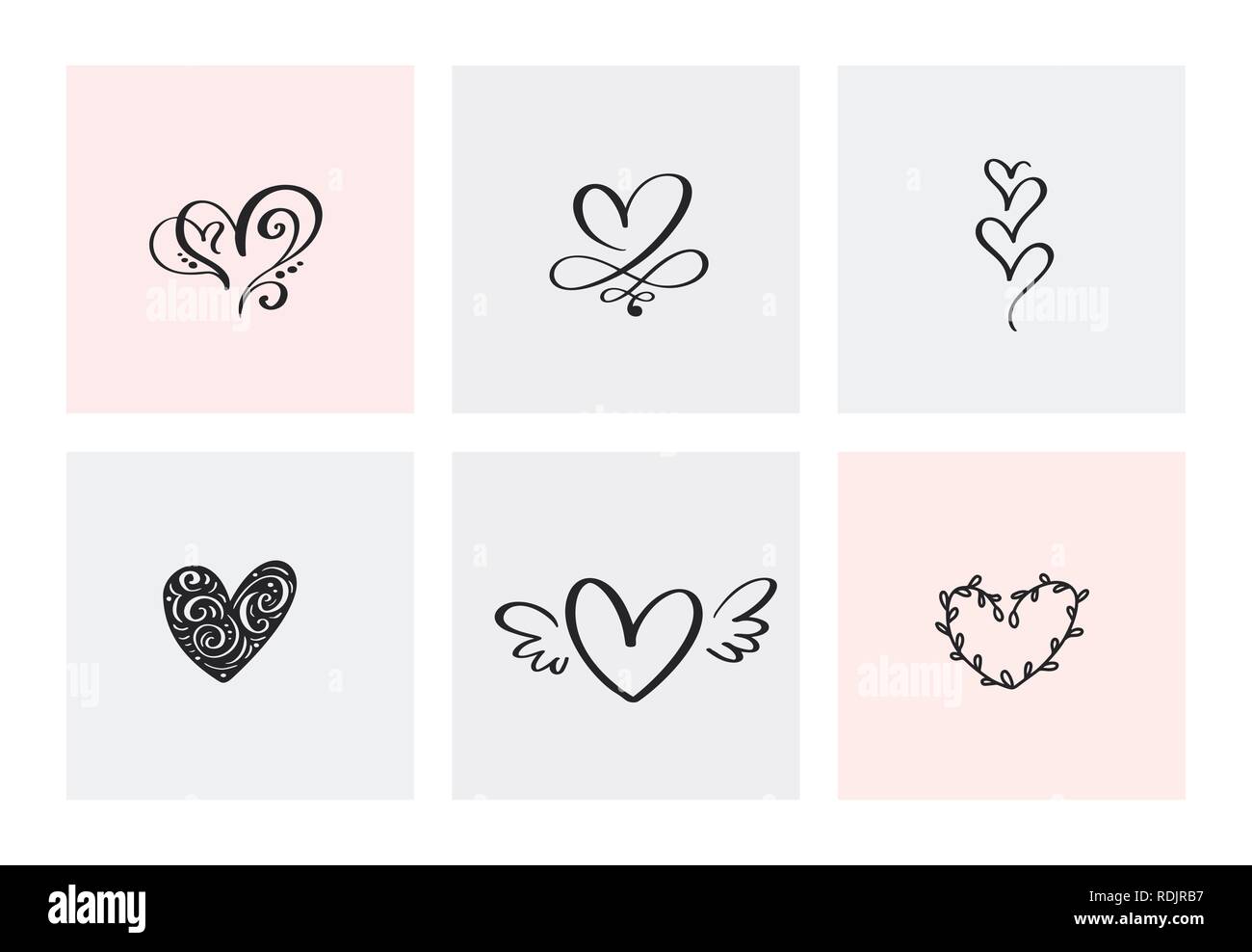 Set of six vintage Vector Valentines Day Hand Drawn Calligraphic Hearts ...
