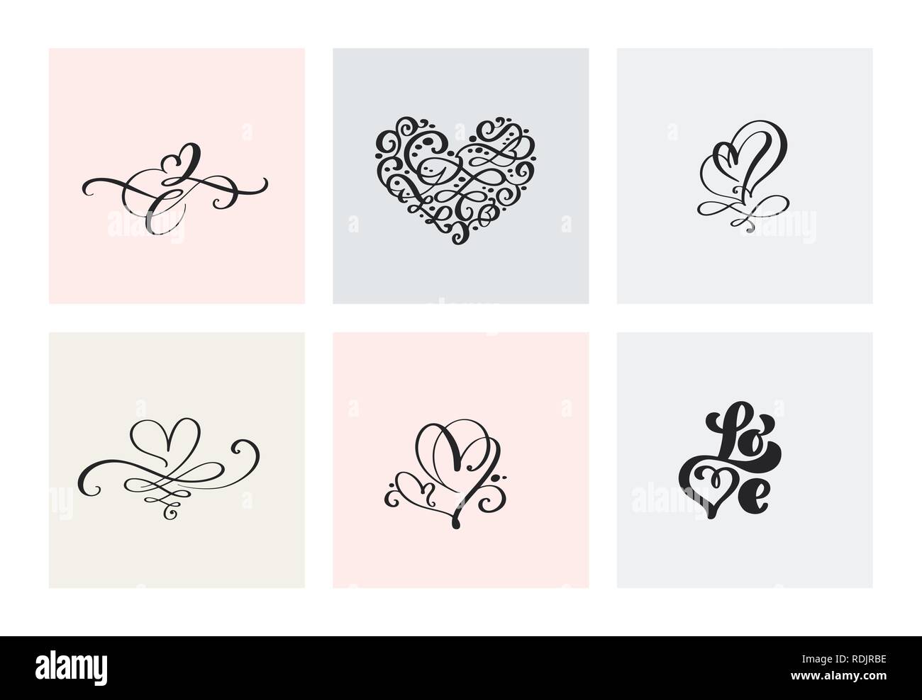 Set of six vintage Vector Valentines Day Hand Drawn Calligraphic Hearts ...
